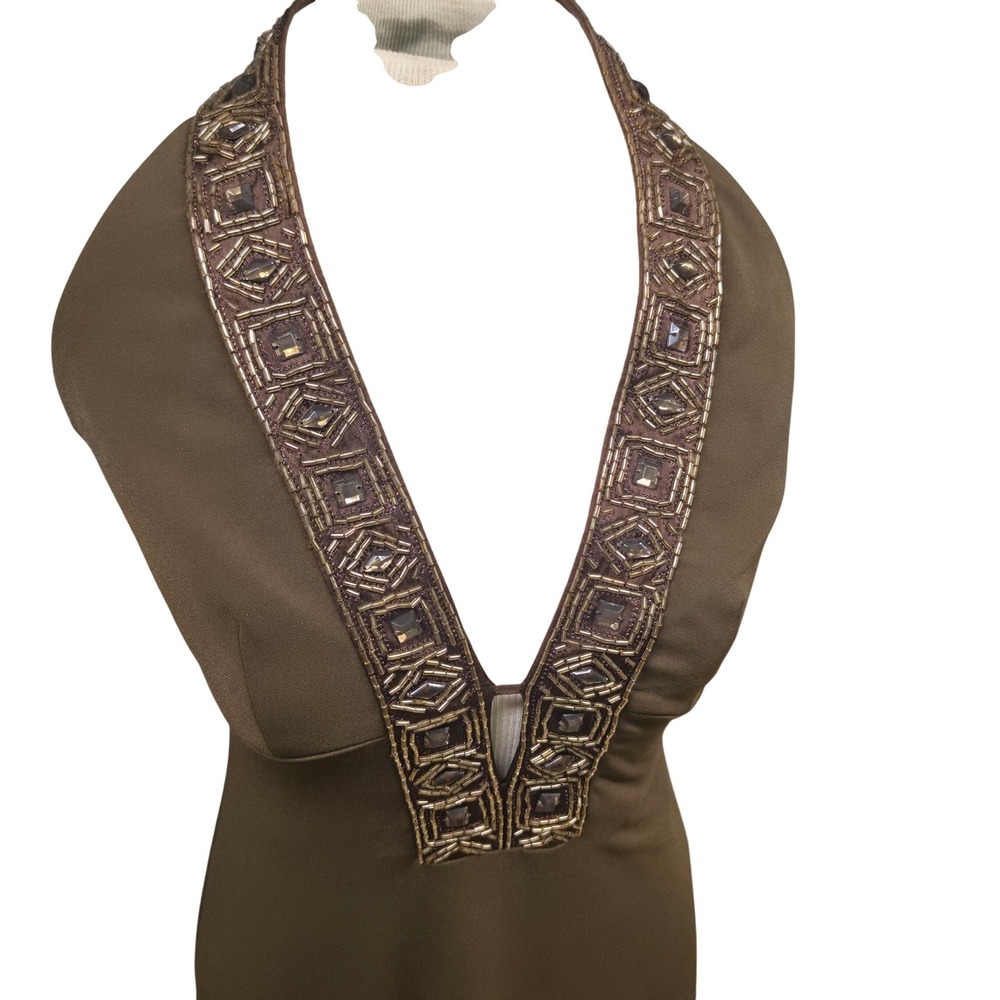 Laundry by Shelli Segal Halter Gown Womens 2 Brown Good Beaded Plunge Neck - Picture 3 of 12